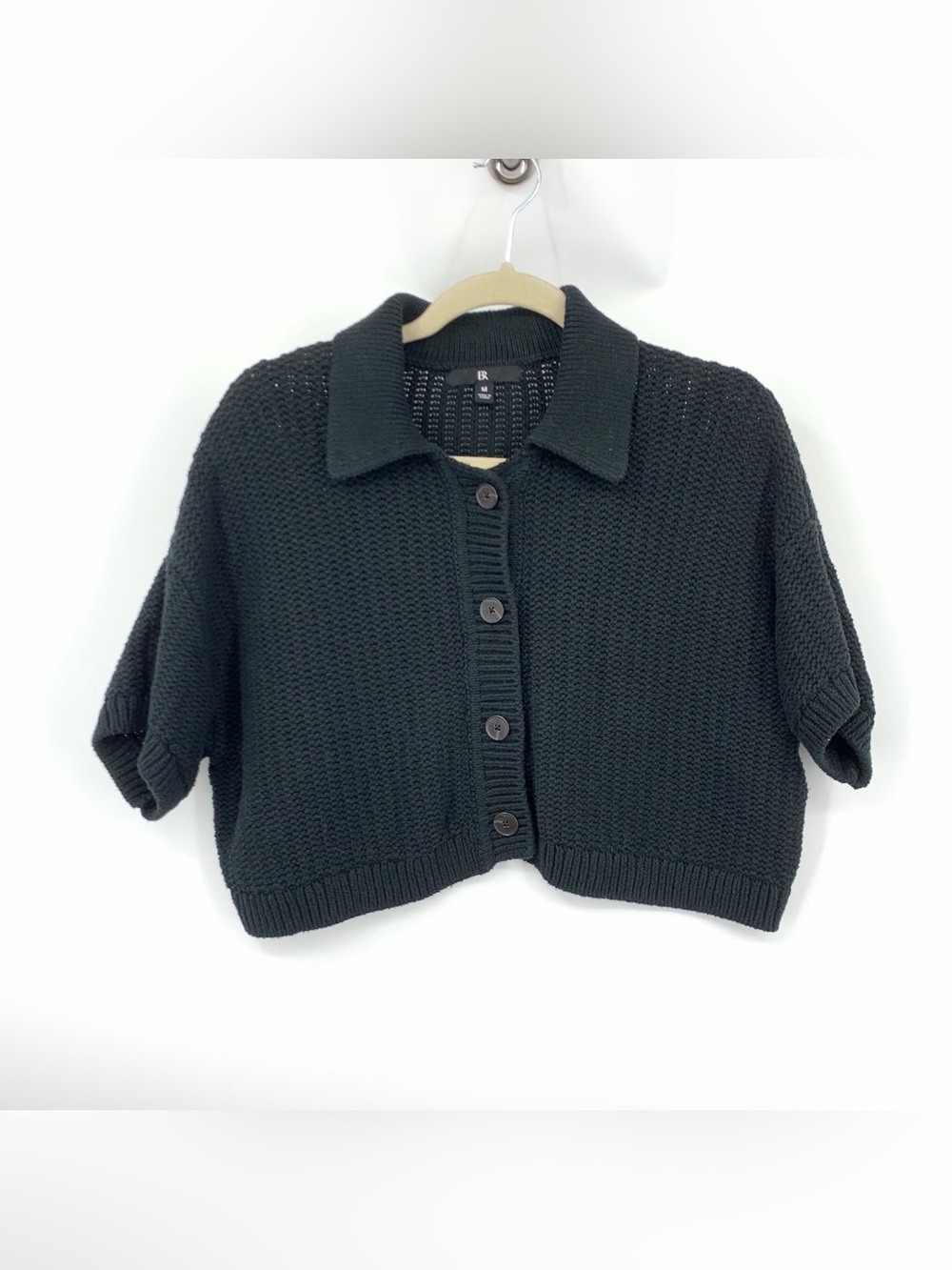 Banana Republic Women Size Medium Sweater Black Short Sleeve Cardigan Polo Top